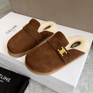 Celine Chocolate Suede Mules with Gold Detail